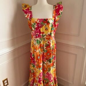 London Times Floral Ruffle Tiered Dress - Pink, Orange, Yellow Size 14